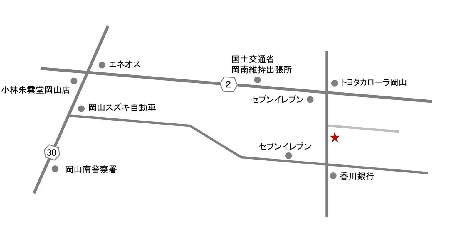 株式会社スマイル・エージェント 周辺の案内図（国道2号・国道30号沿い、香川銀行・トヨタカローラ岡山付近）